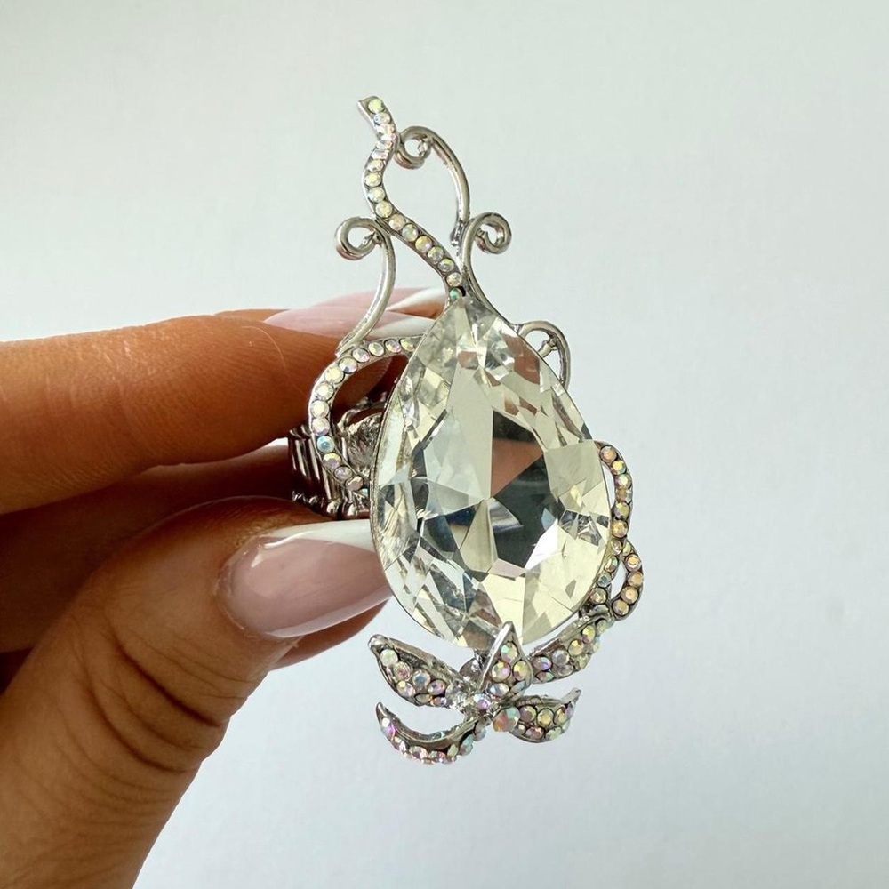 Large Statement Clear Crystal & Silver Tone Cockt… - image 4